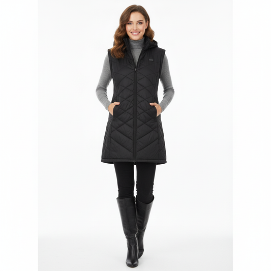 Black quilted jacket with a brand logo on a white background