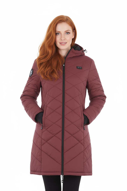 Maroon quilted jacket with a brand logo on a white background