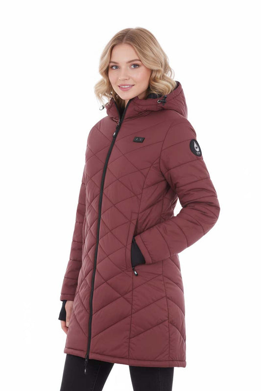Maroon quilted jacket with a brand logo on a white background