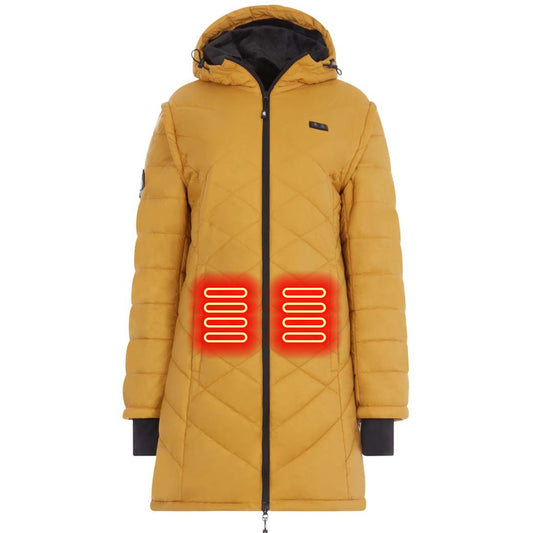 Yellow quilted jacket with black zipper and trim on a white background