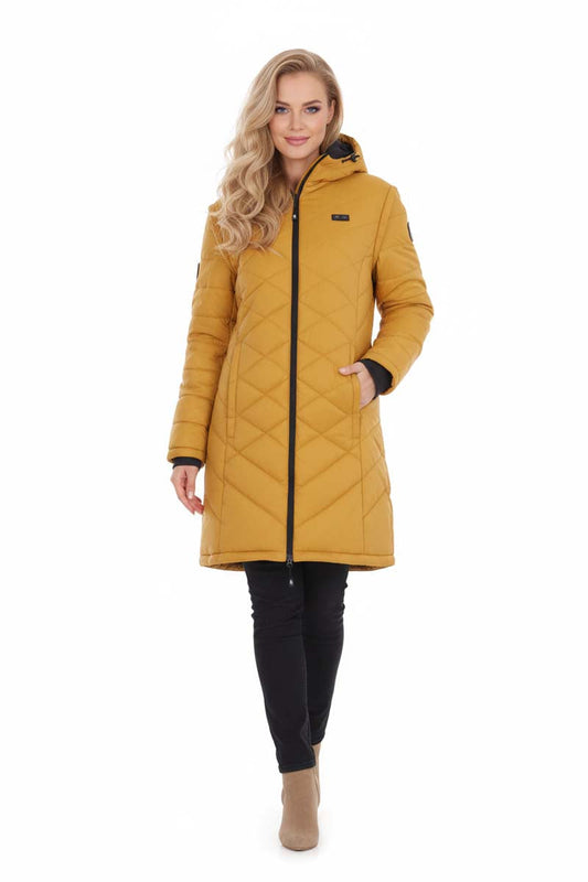 Yellow quilted jacket with black zipper and trim on a white background