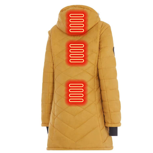 Yellow quilted jacket with black zipper and trim on a white background