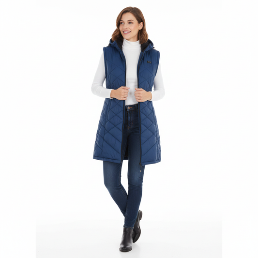 Blue quilted jacket with black accents on a white background