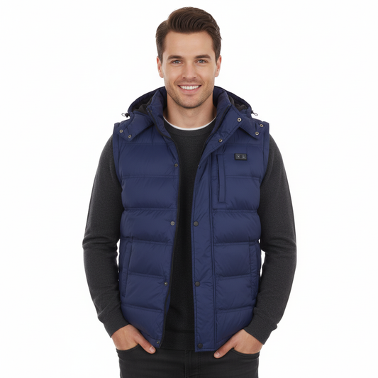 Blue winter jacket with a hood on a white background