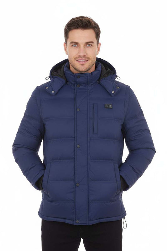 Blue winter jacket with a hood on a white background