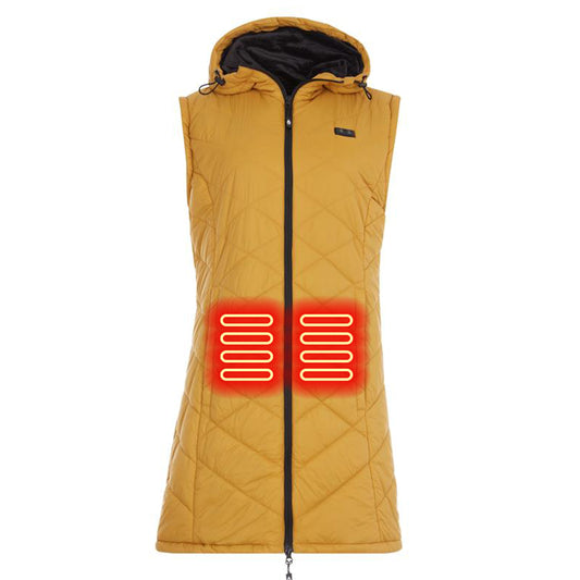 Yellow quilted jacket with black zipper and trim on a white background