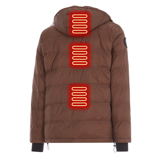 Brown winter jacket with a hood on a white background