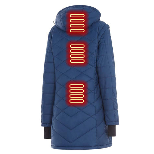 Blue quilted jacket with black accents on a white background
