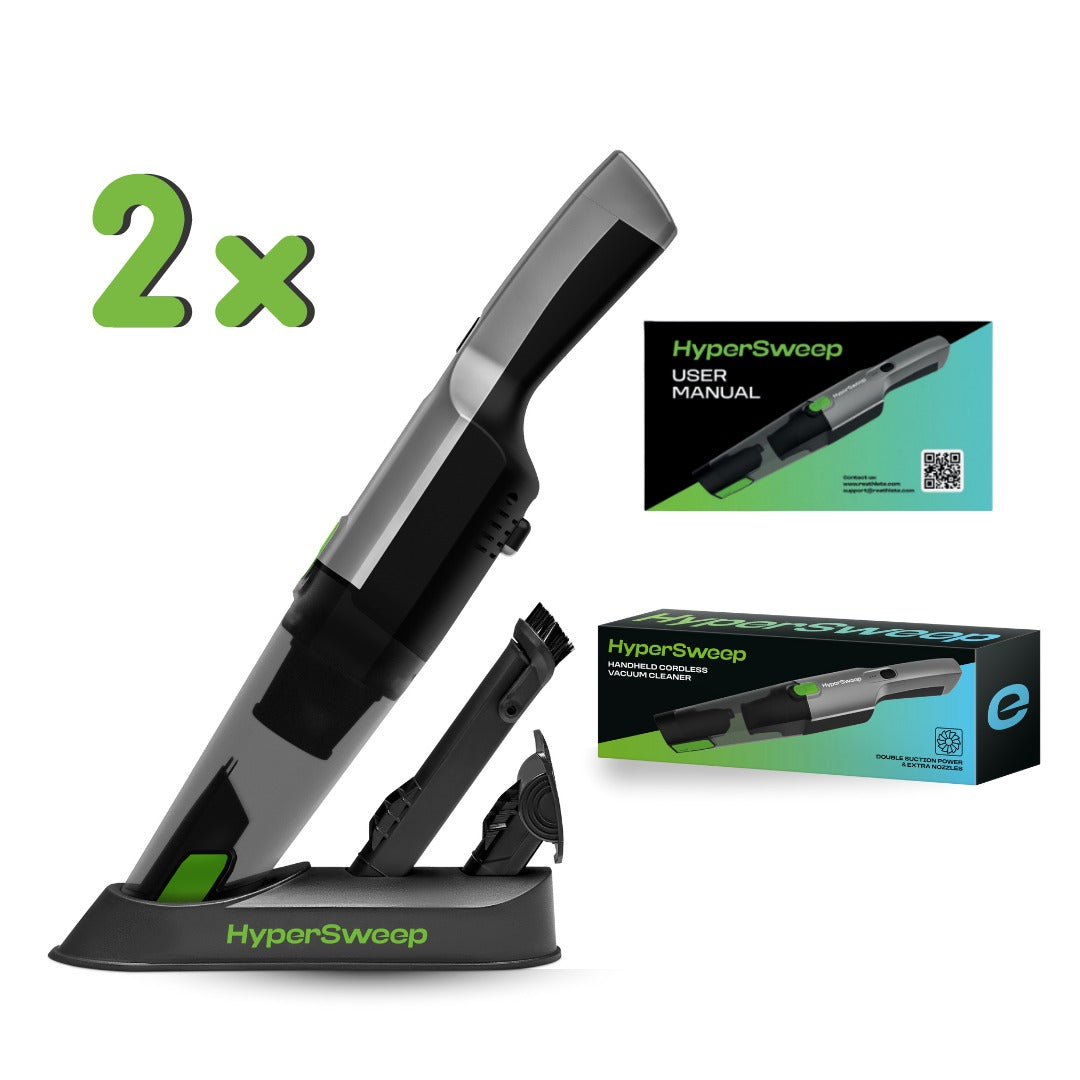 HyperSweep vacuum cleaner with packaging and manual on a white background