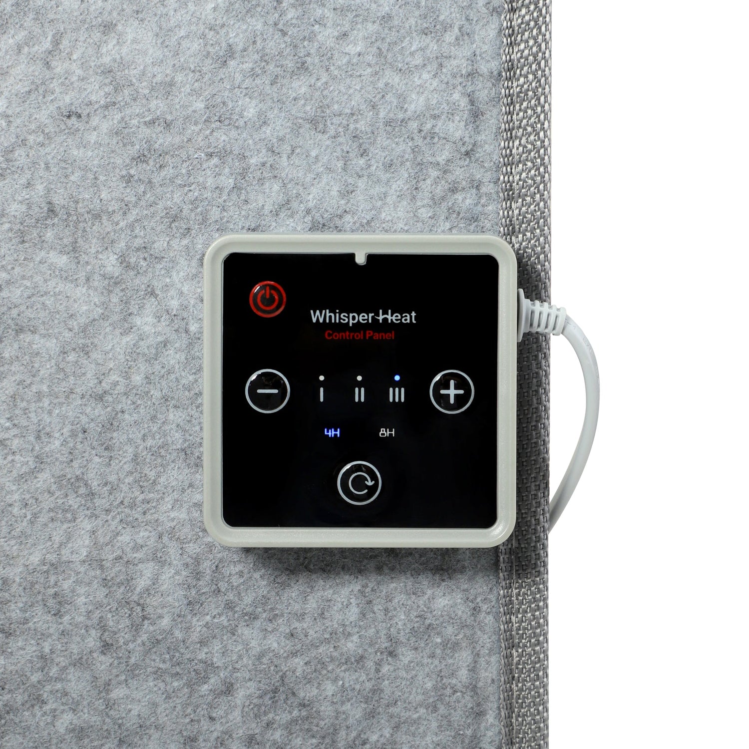 Control panel for Whisper-Heat product on a textured gray background