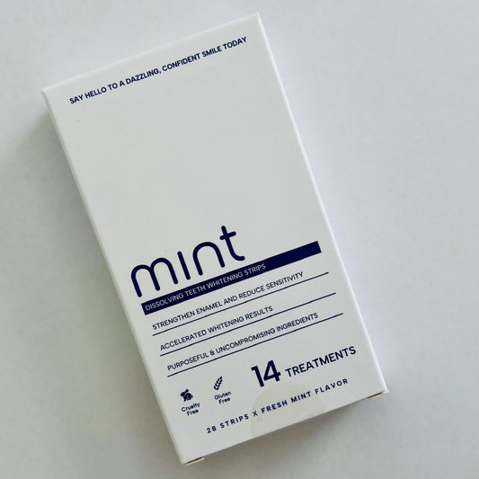Box of Mint dental whitening strips on a white background