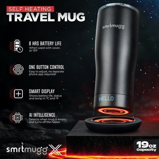 Black heated travel mug with digital display and packaging, surrounded by coffee beans and a scoop.