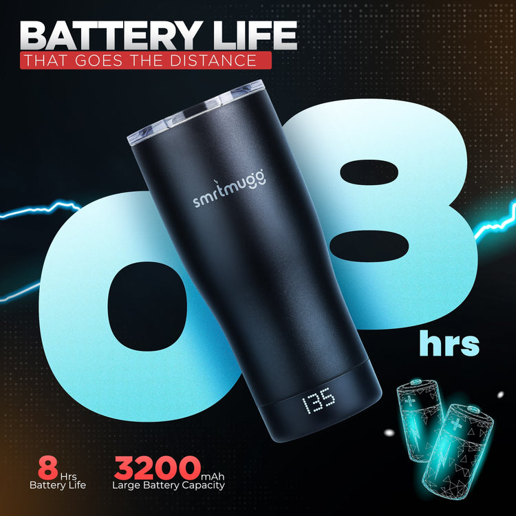 Black insulated mug with digital display on a dark background with 'smitmugg' branding.