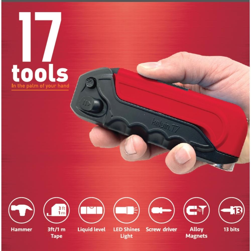 Multitool with 17 tools held in a hand against a red background