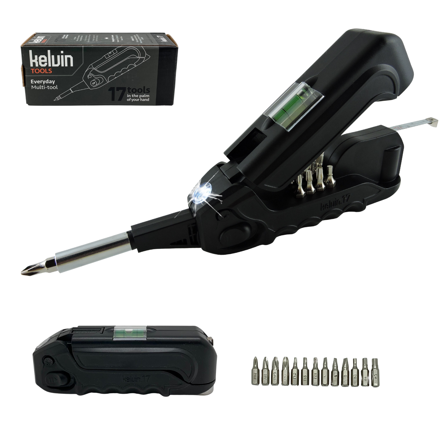 Black multi-tool with LED light and additional bits on a white background, Kelvin Tools branding visible.