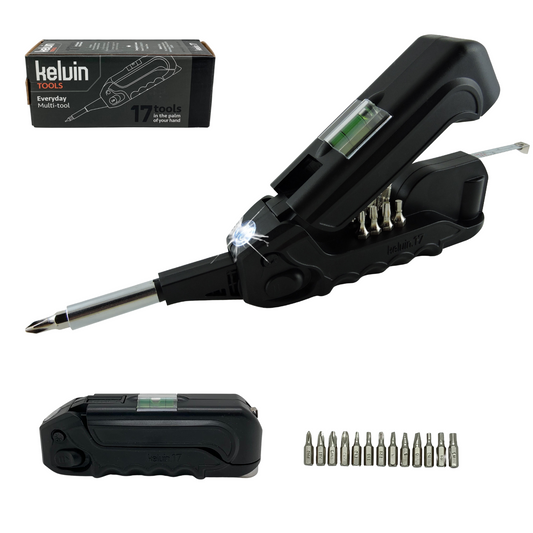 Black multi-tool with LED light and additional bits on a white background, Kelvin Tools branding visible.