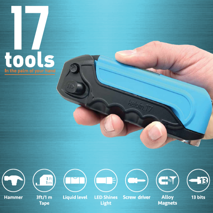 Blue multitool held in a hand with features listed on a blue background