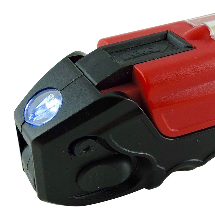 Close-up of a red and black tool with a blue light on a white background