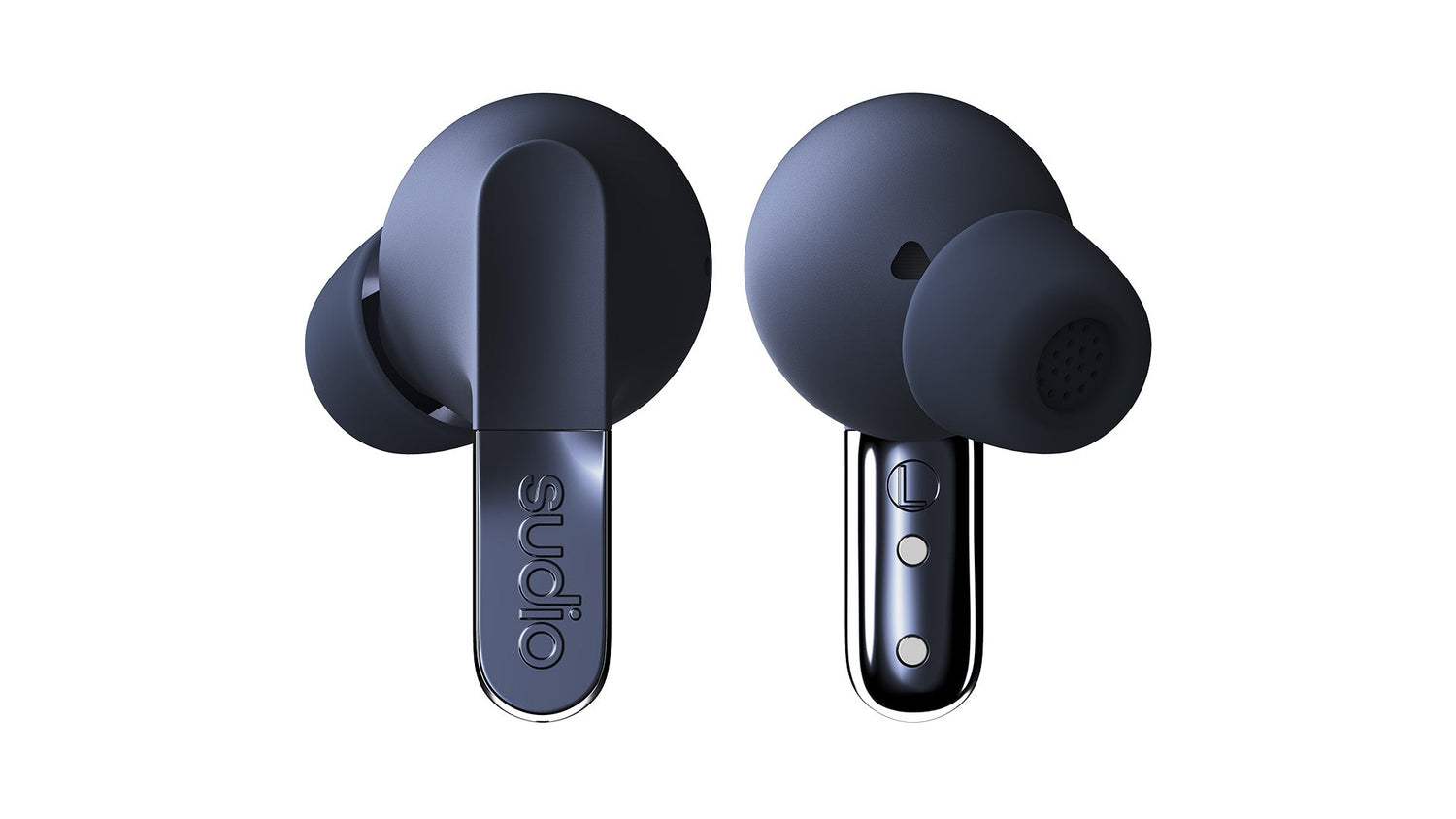 Black wireless earbuds with charging case on a white background
