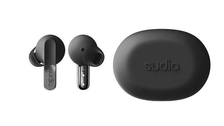 Black wireless earbuds with charging case on a white background