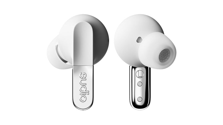 White wireless earbuds with charging case on a white background