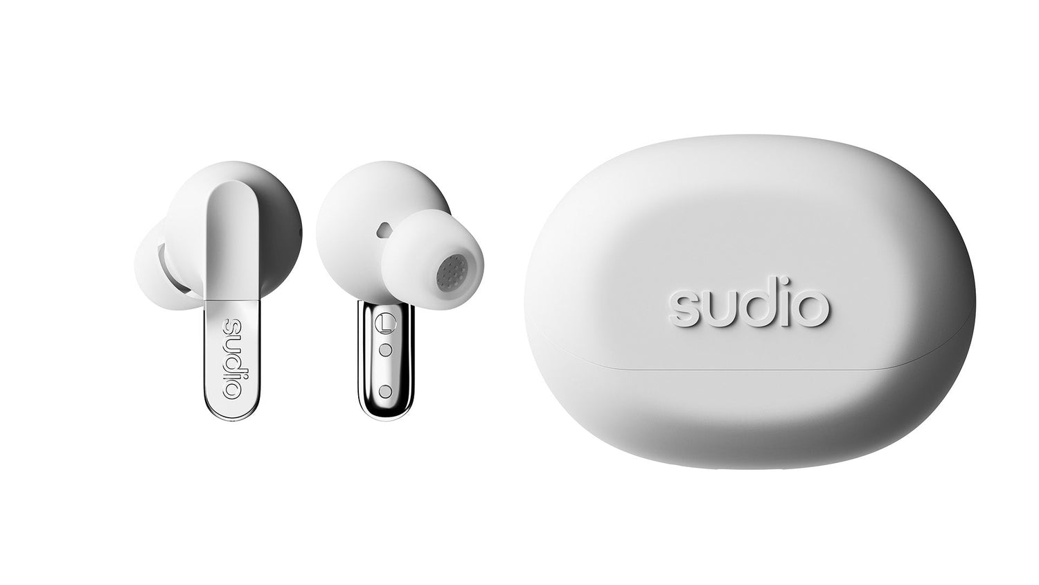 Sudio wireless earbuds with charging case on a white background
