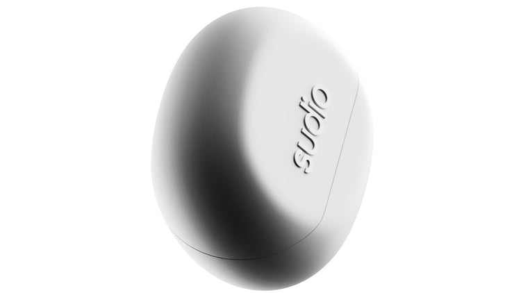 Silver audio device on a white background