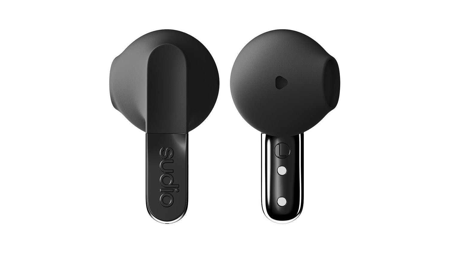 Black wireless earbuds with charging case on a white background