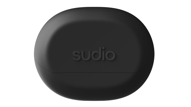 Black Sudio earbud case on a white background