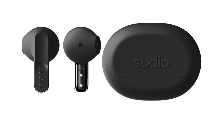 Black wireless earbuds with charging case on a white background, featuring the Sudio brand.