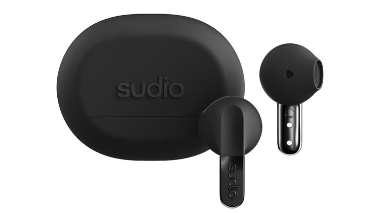 Black wireless earbuds with charging case on a white background, featuring the Sudio brand.