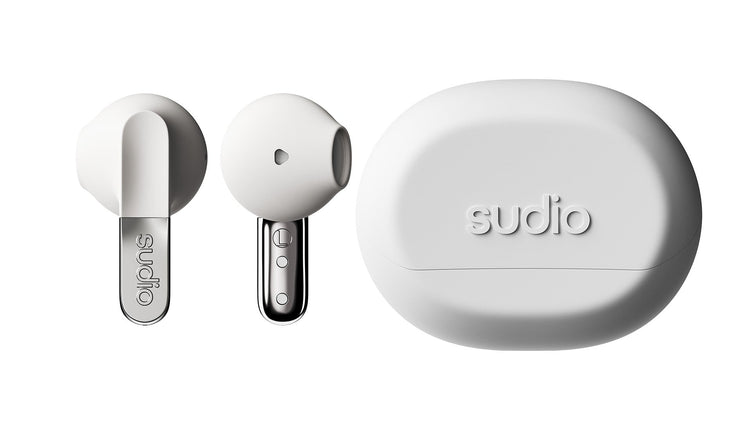 Sudio wireless earbuds with charging case on a white background