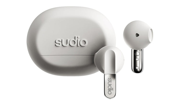 Sudio wireless earbuds with charging case on a white background