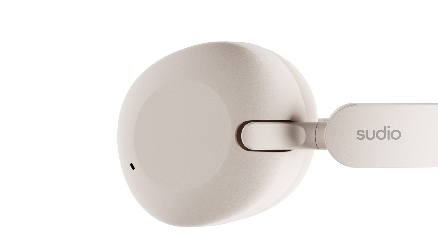 White earbud with 'sudio' branding on a white background