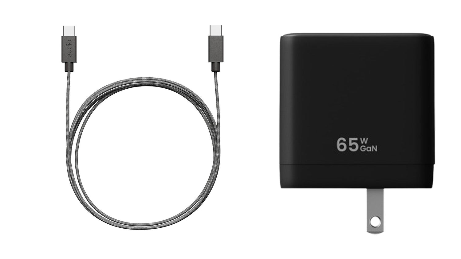 Black power adapter with USB-C cable on a white background