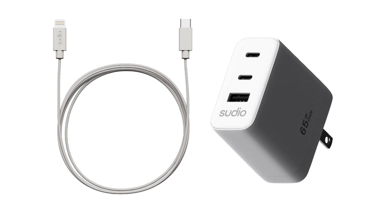 Sudio power adapter with multiple ports and a cable on a white background