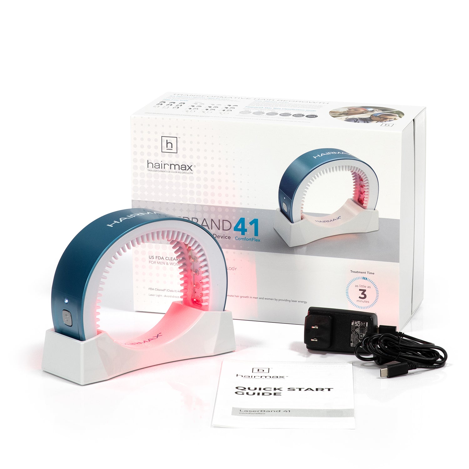 Hairmax brand 41 device with packaging and accessories on a white background
