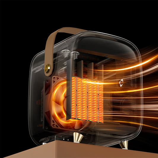 Small black heater on a beige surface with a warm glow