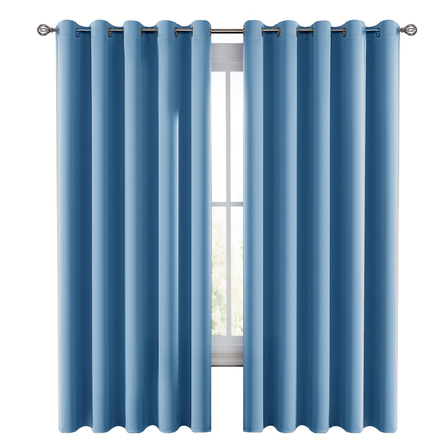Blue curtains with grommets on a white background