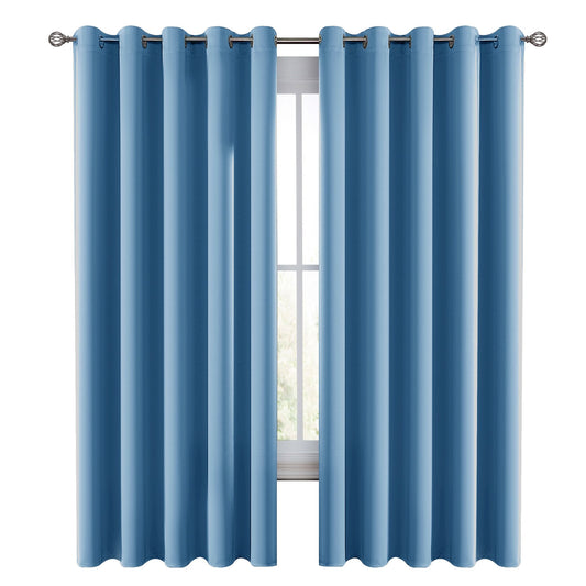 Blue curtains with grommets on a white background