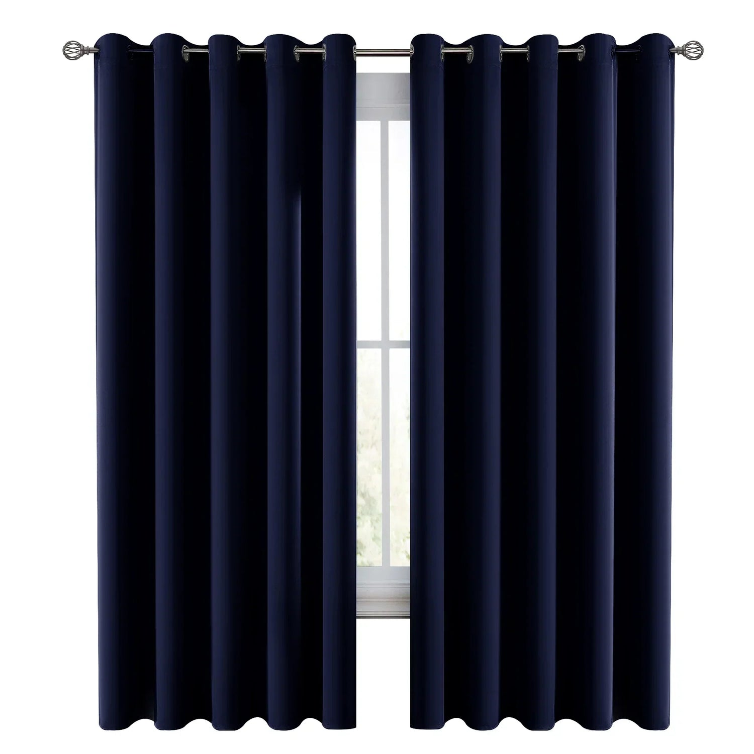 Navy blue curtains with grommets on a white background