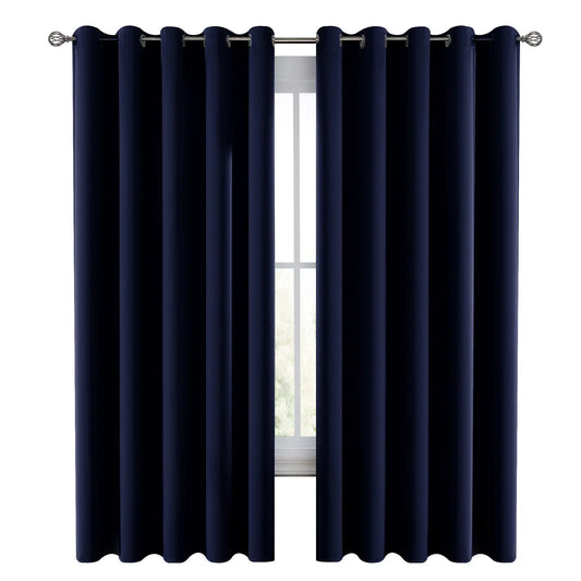 Navy blue curtains with grommets on a white background