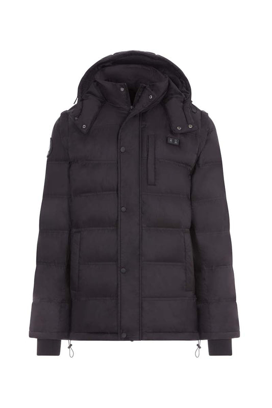 Black puffer jacket with a hood on a white background