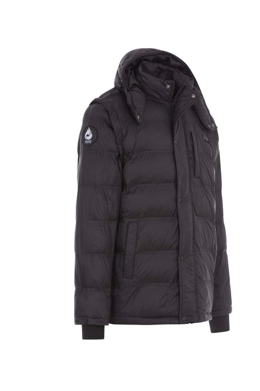 Black puffer jacket with a hood on a white background