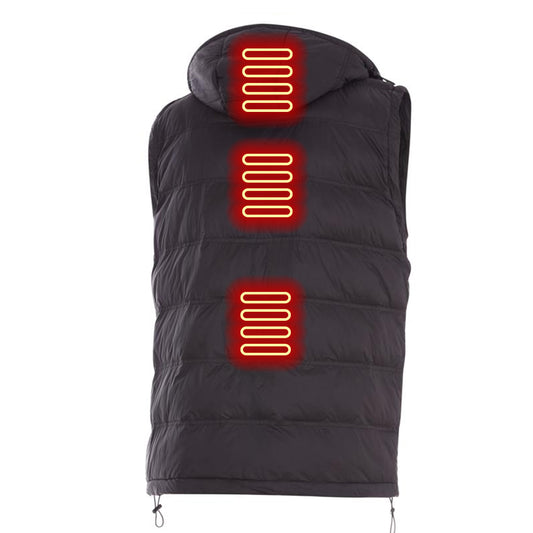 Black puffer jacket with a hood on a white background