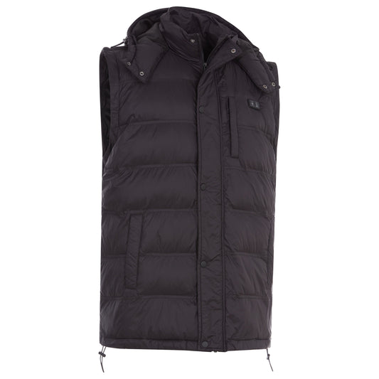 Black puffer jacket with a hood on a white background