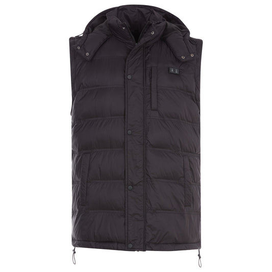 Black puffer jacket with a hood on a white background