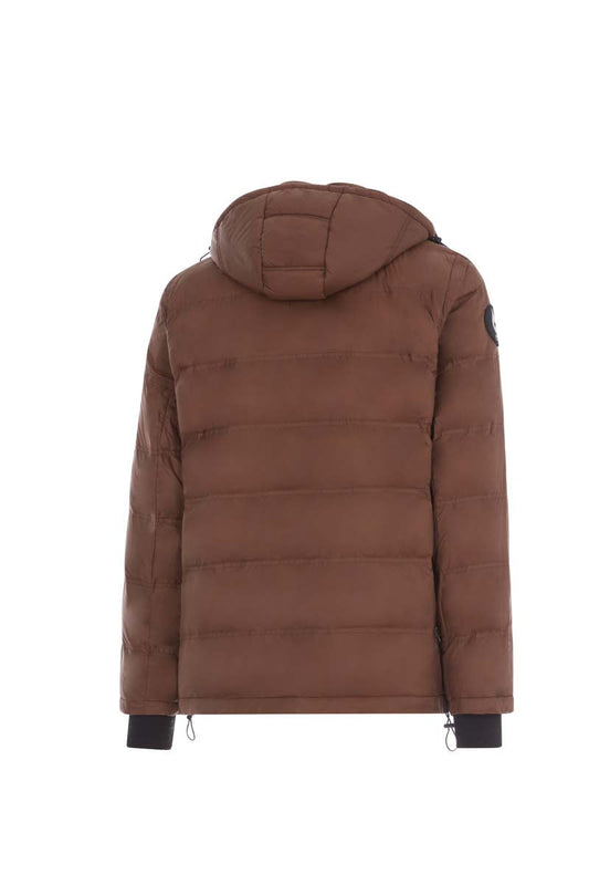 Brown winter jacket with a hood on a white background