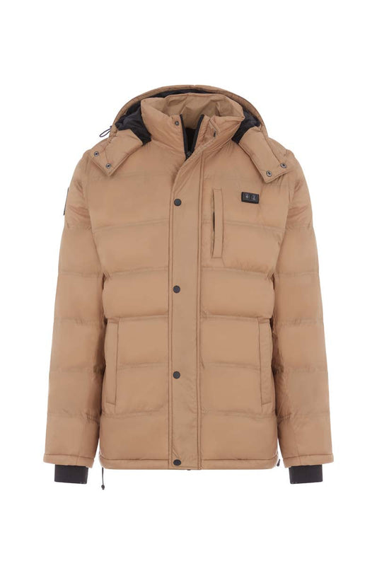 Beige winter coat with black accents on a white background