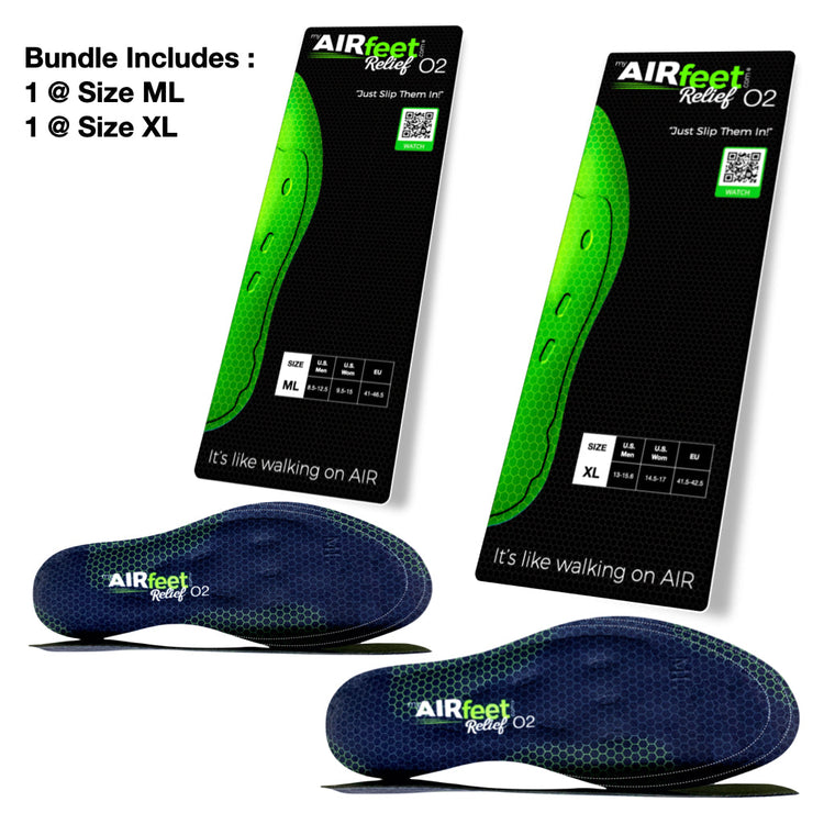 Two packages of AIRfeet Relief 02 insoles with a pair of insoles displayed below on a white background.